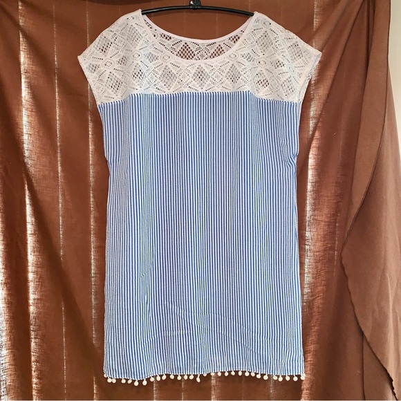 Blue & White Striped Sleeveless Coverup Dress with Lace Detail - Picture 1 of 5